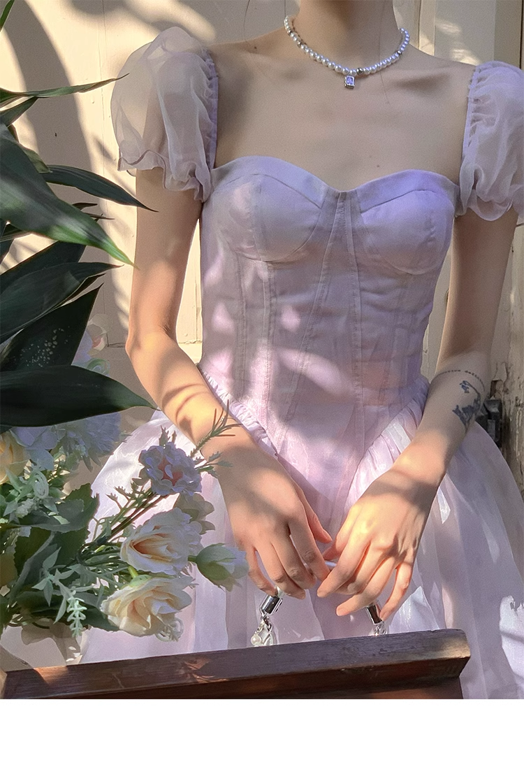 Blue Short Sleeves Spaghetti Straps Birthday Party Dress YM1972