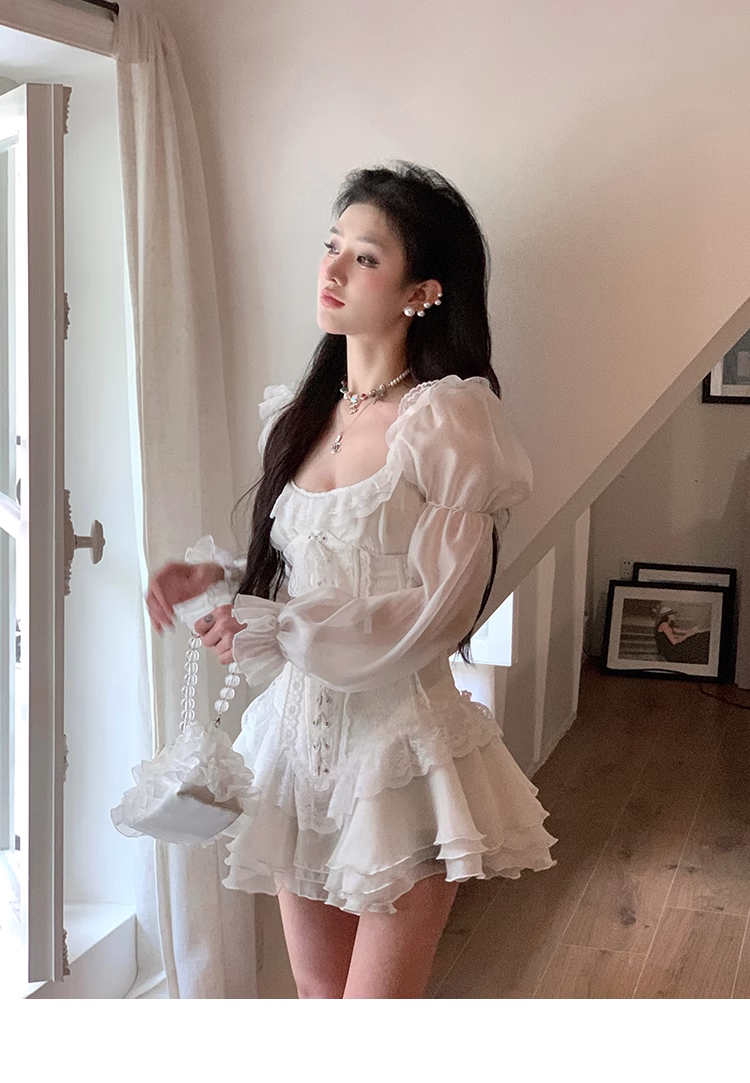 White Tulle Lace Prom Princess Dress With Puff Sleeves YM1976