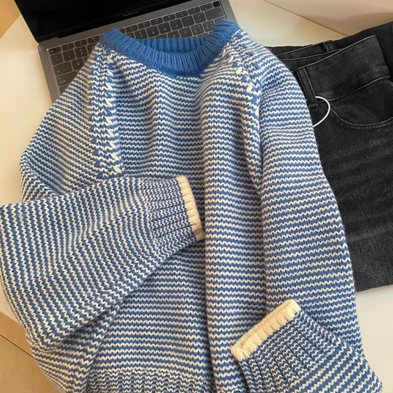 Simple And Fashionable Blue Striped Sweater For Women YM1851