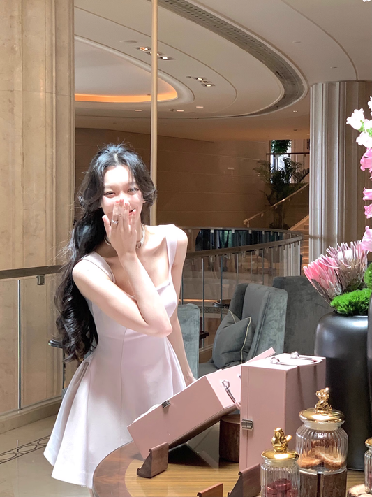 Cute Pink U-Neck Suspender Birthday Dress Short A Line Party Dress YM2057