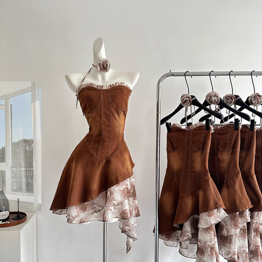 Vintage Strapless Women's Brown Denim Short Party Dress Vacation Dress YM2087