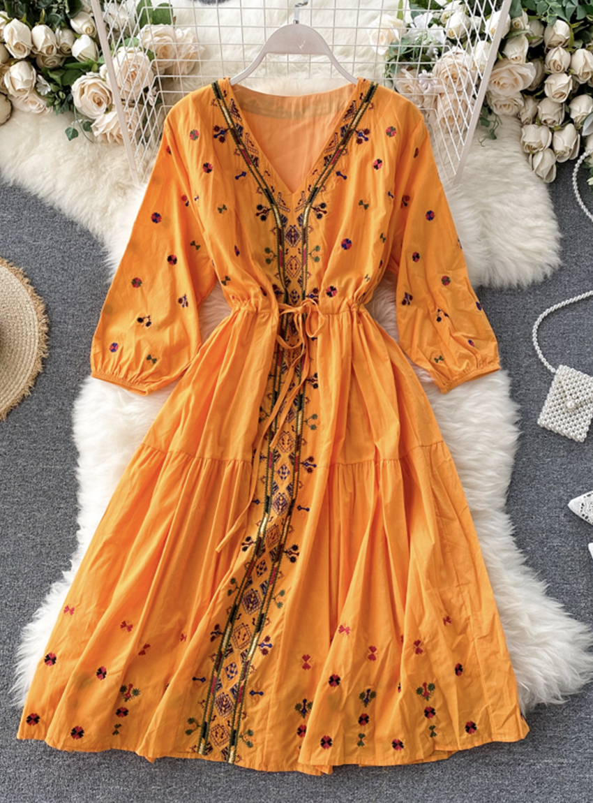 A Line V Neck Embroidery Summer Dress YM442