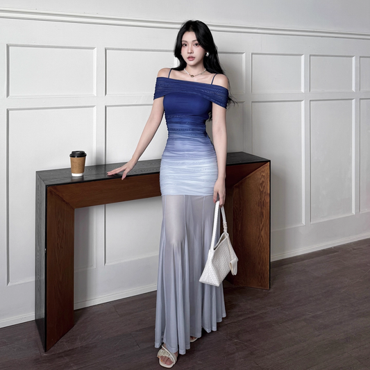 Unique Off The Shoulder Blue Ombre Sheath Long Vacation Dress Holiday Dress YM2276