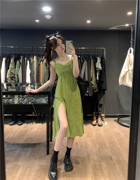 Green Suspender Holiday Dress Women's Summer New Seaside Floral Slit Vacation Dress YM2322