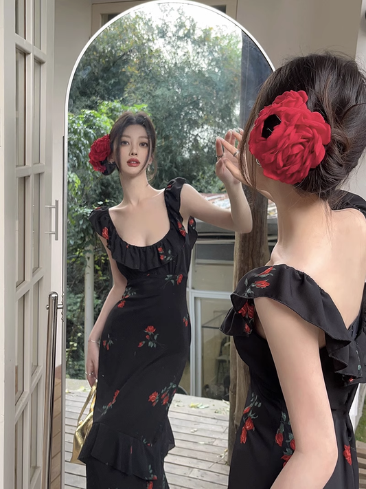 Black Vintage Ruffle Print Straps Party Dress Mermaid Birthday Dress YM1824