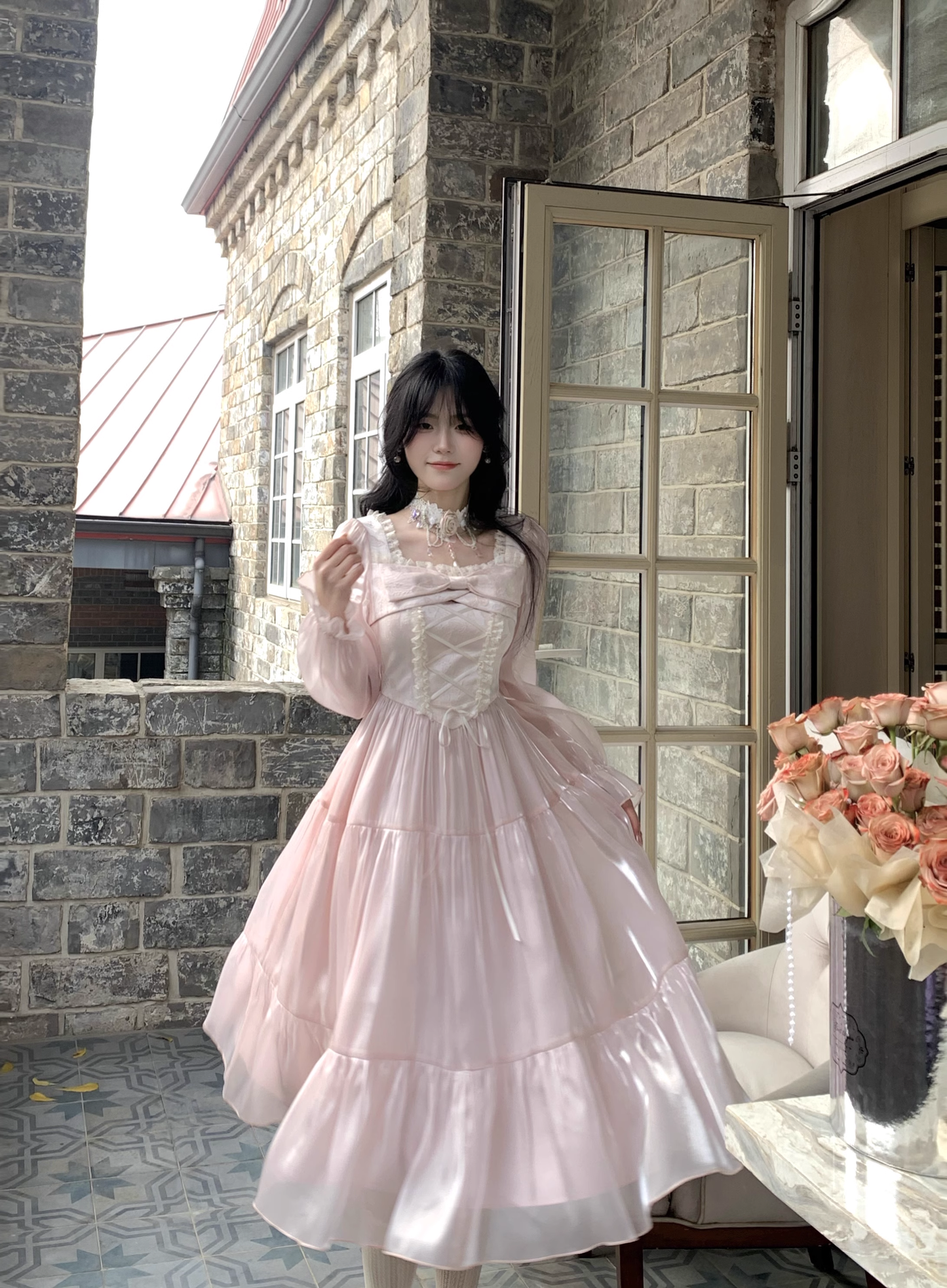 Pink French Square Neck Long Dress Fairy Glossy Party Dress Prom Dress YM2027