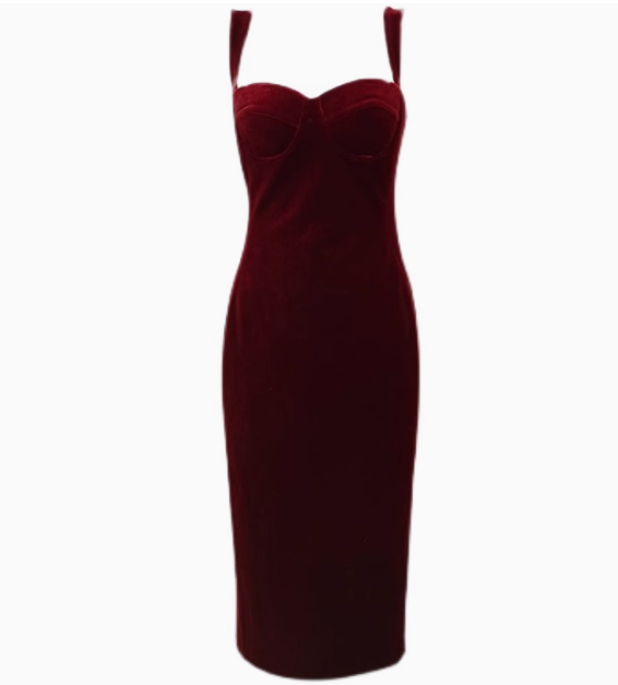 Vintage burgundy velvet suspender dress birthday dress YM1963