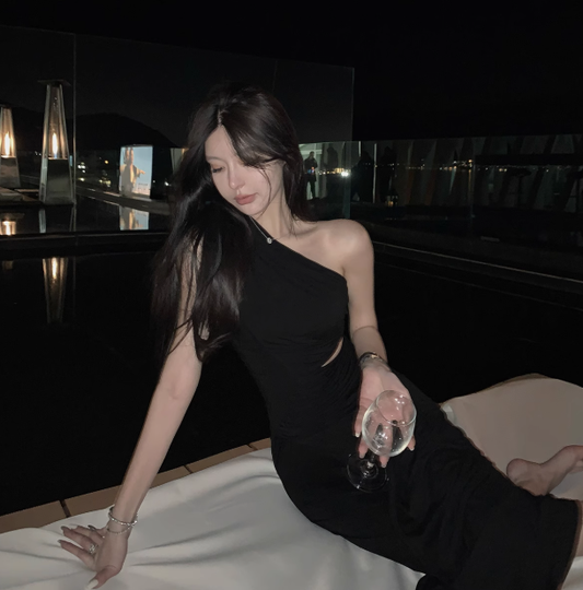 Black spliced hollow one shoulder slit sheath long party dress YM1961