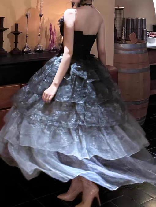 Vintage Black Strapless Tulle A Line Birthday Dress Long Lolita Party Dress YM2144