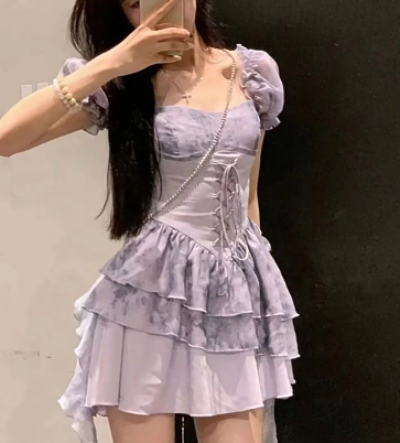 Sweet Purple Gradient Waist Tie Puff Sleeve Princess Dress Birthday Dress YM2326