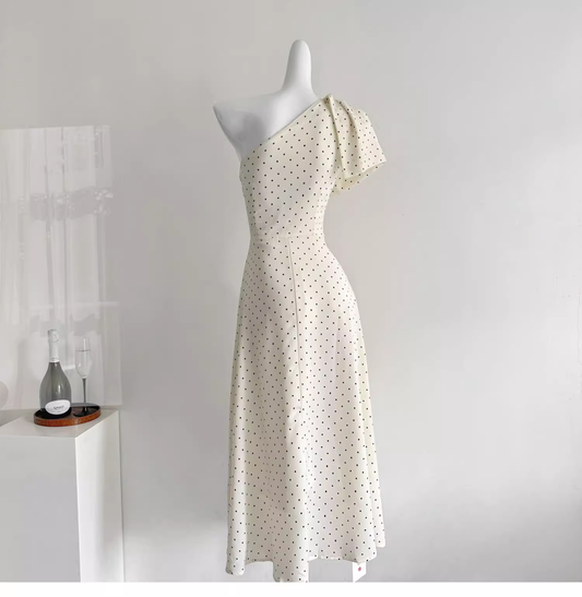 French Off-shoulder Design High-end White Polka Dot Temperament Long Dress YM2094