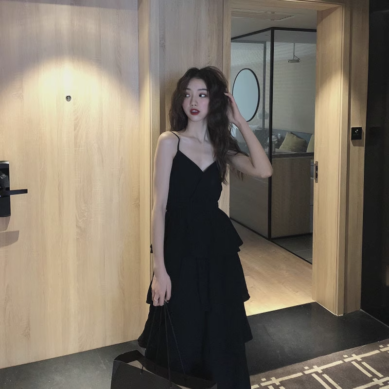 Summer black v-neck suspender dress YM1257