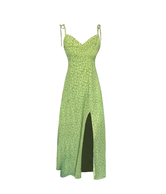 Green Suspender Holiday Dress Women's Summer New Seaside Floral Slit Vacation Dress YM2322