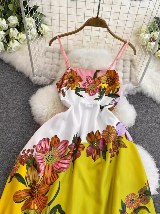 Women's retro floral suspender dress summer bohemian style YM1425