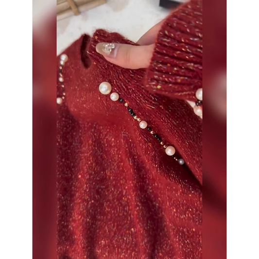 Red pearl sweater new style knitted sweater YM1904