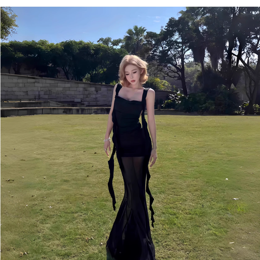 Elegant Black Mermaid Long Holiday Dress Vacation Dress YM2224