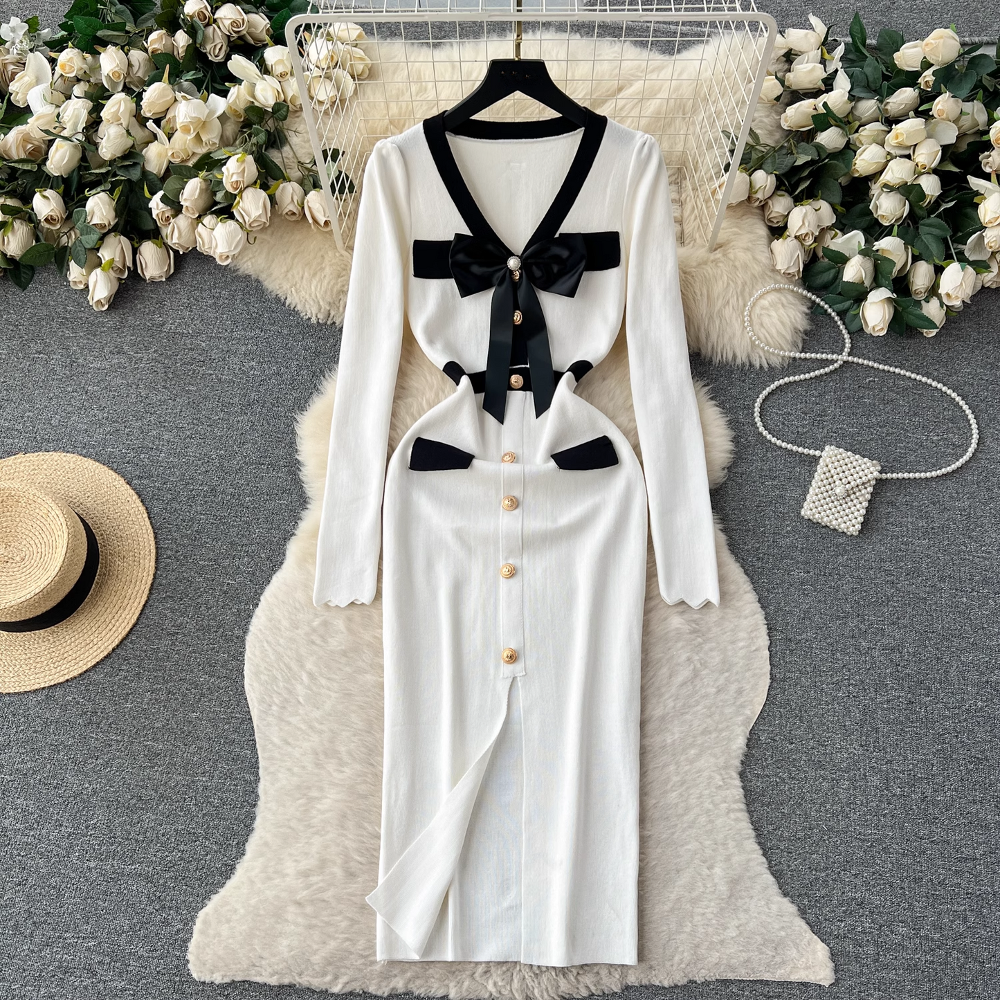 Knitted dress women's autumn and winter bow single-breasted design maxi dress YM508