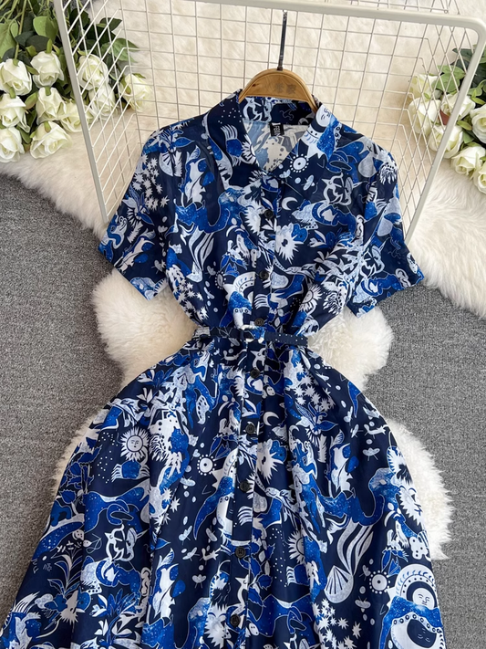 Retro palace style printed A-line shirt dress YM1418