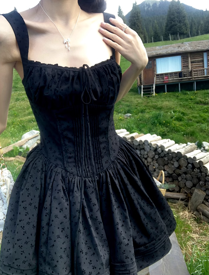 Hepburn Style Black Suspender Dress Women's Slim Short Dress YM1749