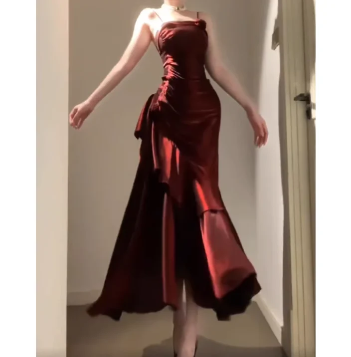 Burgundy Mermaid Spaghetti Straps Prom Dress YM1601