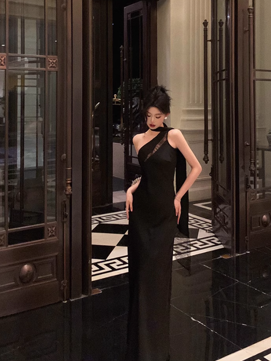 Elegant Black Ribbon Prom Dress French Lace Satin Long Dress YM1618