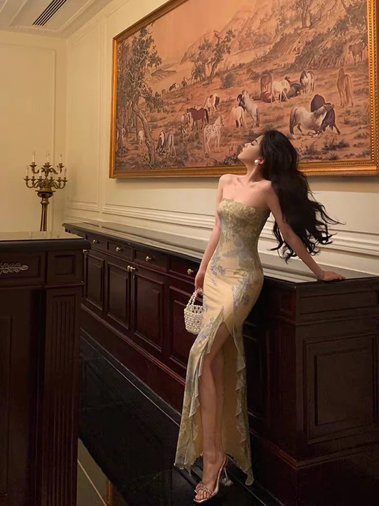 Beautiful Strapless Floral Slit Ruffles Prom Dress Birthday Outfits YM1710