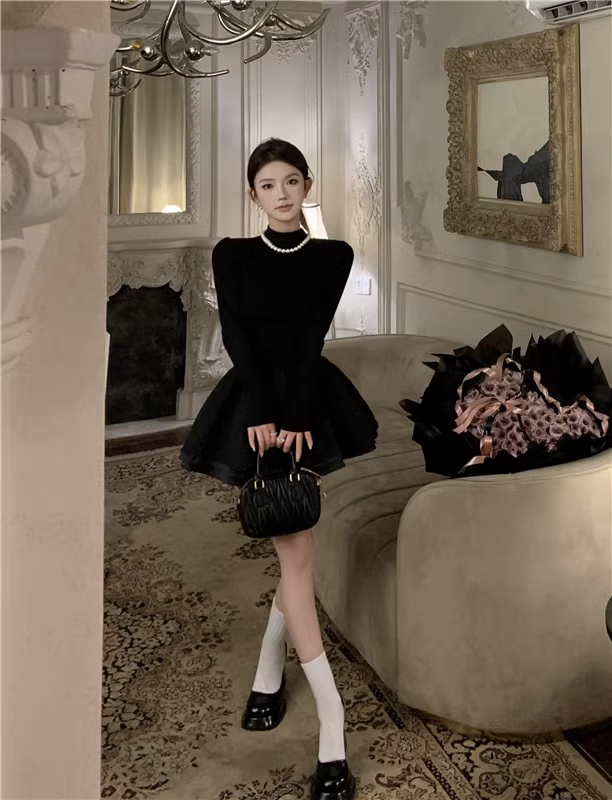 Black Long Sleeve Puffy Little Black Dress Christmas Dress YM1778