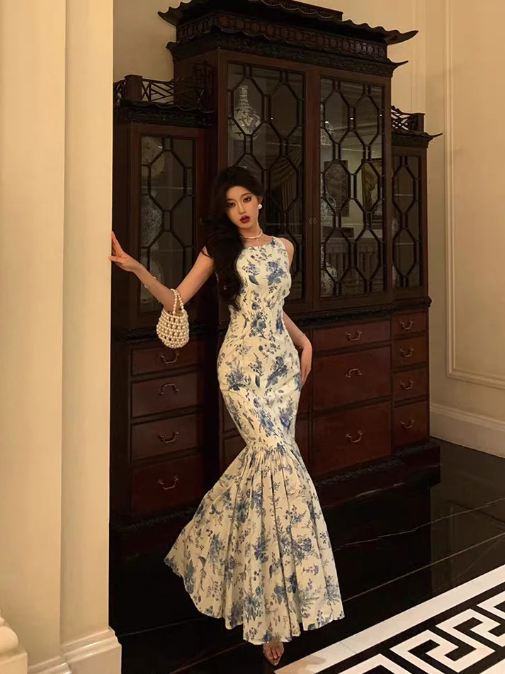 Pretty Blue Floral Ruffle Long Prom Dress Mermaid Party Dress YM1705