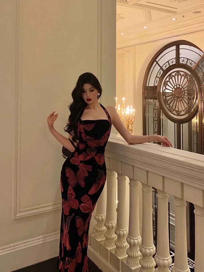 Sexy Halter Floral Sheath Prom Dress Evening Dress YM1596