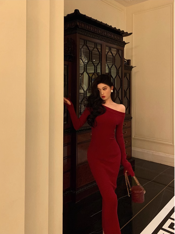 Red Off Shoulder Knit Dress Party Dress YM1669