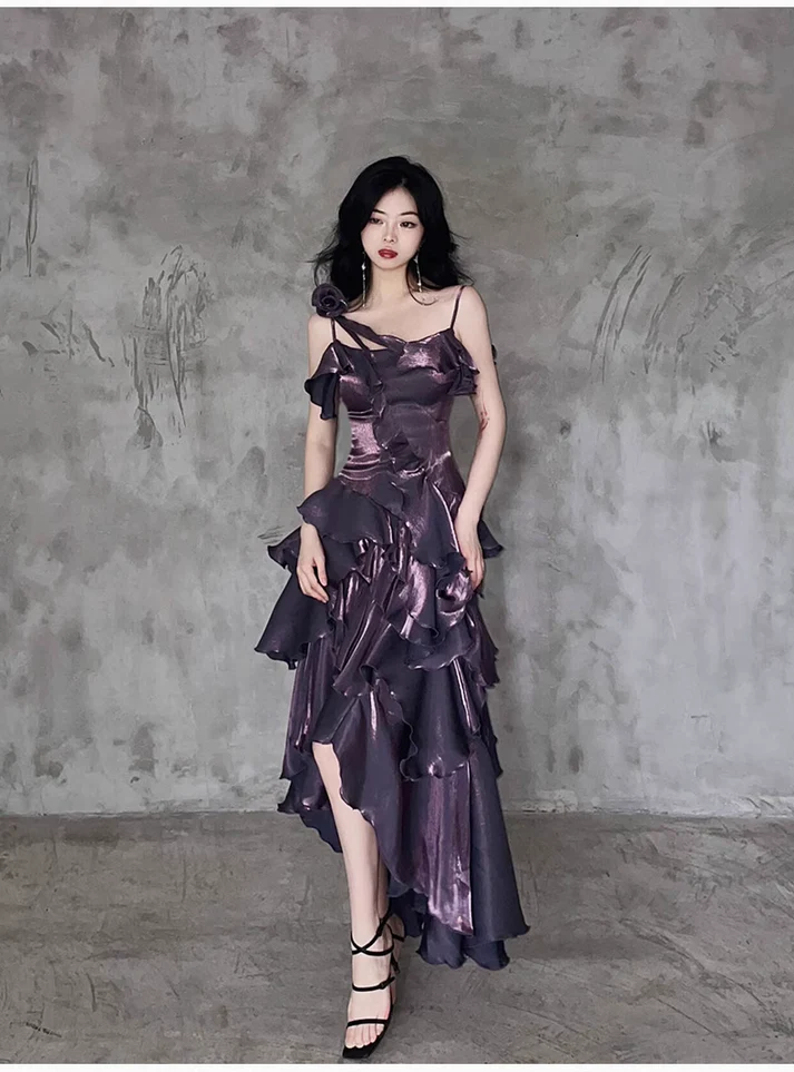 Irregular Ruffled Suspender Prom Dress Dark Purple Long Birthday Dress YM1629