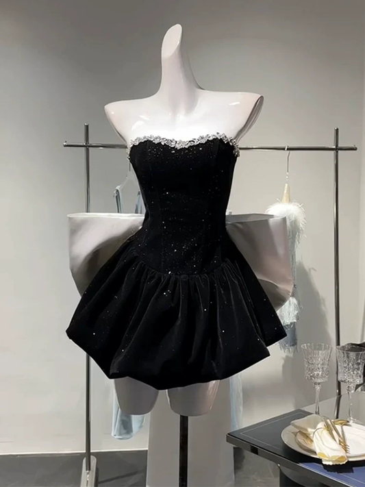 Luxury Black Birthday Dress Princess Velvet Short Dress With Bow YM1736