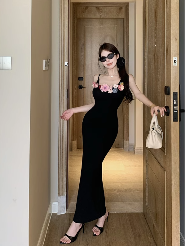 Black Suspender Dress Sexy Party Dress With Flowers YM1769