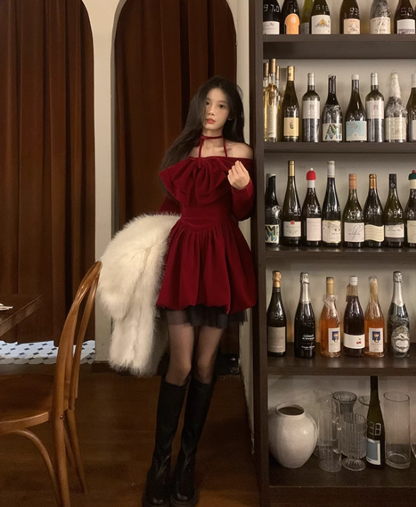 Cute Halter Long-sleeves Burgundy Velvet Short Dress Birthday Dress YM1741