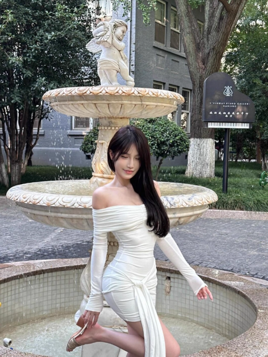 Sexy Off The Shoulder Short Dress White Pleated Dress YM1711