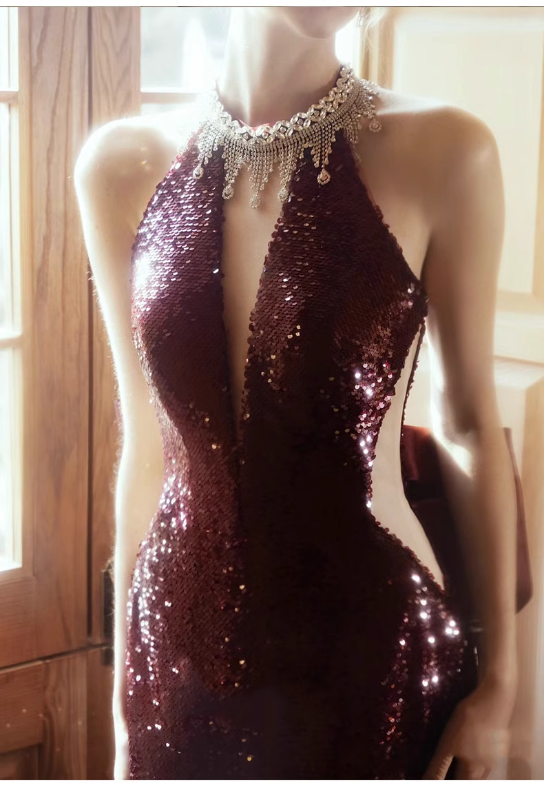 Burgundy Sequins Mermaid Evening Dress New Prom Dress YM1612
