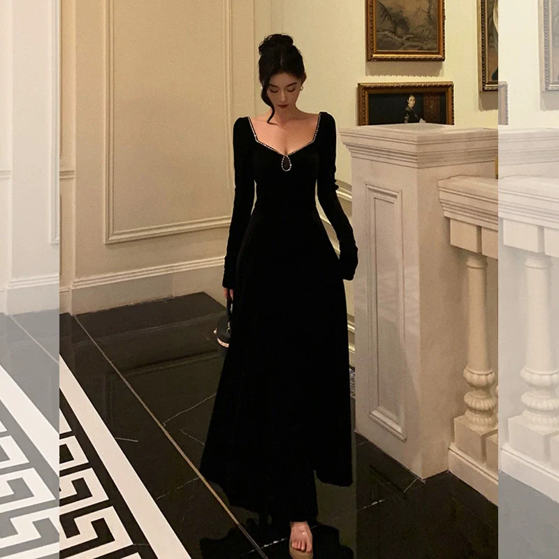 A Line Black Velvet Prom Dress Women Party Dress YM1594