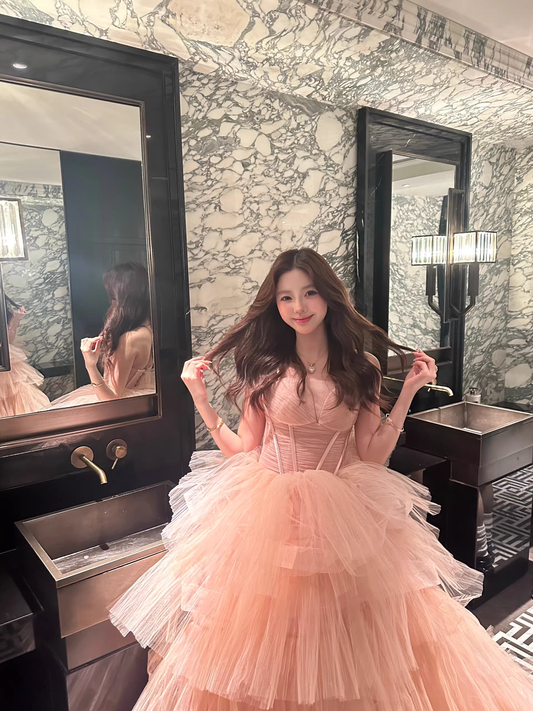 Strapless Dress Evening Dress Pink Super Fairy Light Tulle Birthday Dress Princess Gown YM1635