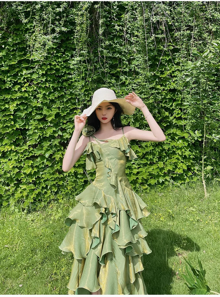 Irregular Ruffled Suspender Prom Dress Green Long Birthday Dress YM1628