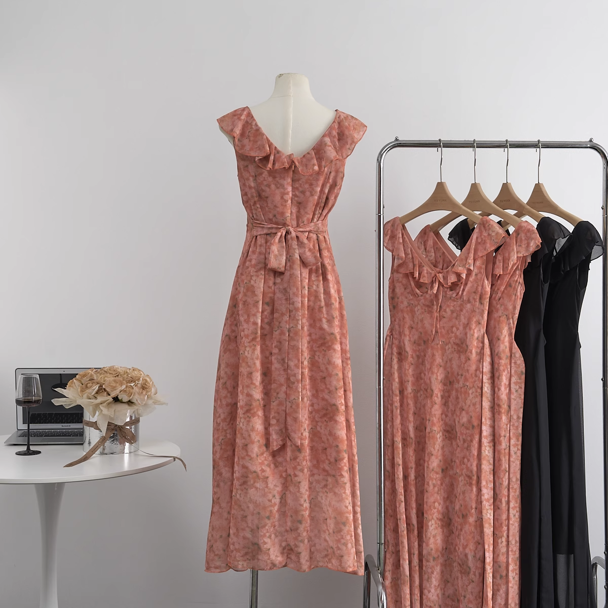 Orange Chiffon V Neck Floral Dress YM1787