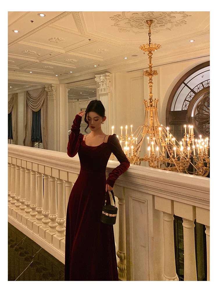Red Velvet Dress Vintage Long Prom Dress YM1663