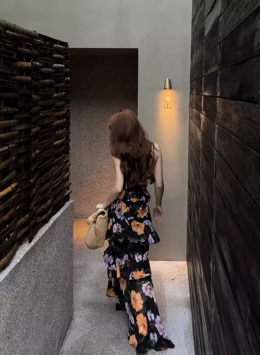 Suspender Prom Dress New Retro Floral Dress Irregular Long Dress YM1638