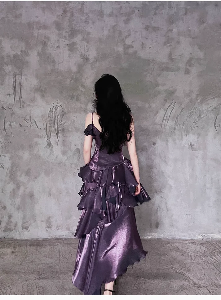 Irregular Ruffled Suspender Prom Dress Dark Purple Long Birthday Dress YM1629