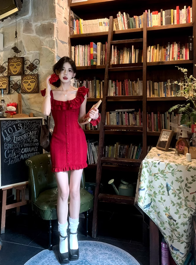 Red Short Dress Slimming And Elegant Suspender Dress YM1755