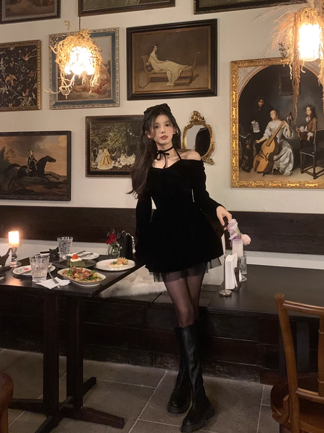 Cute Halter Black Velvet Short Dress Birthday Dress YM1742