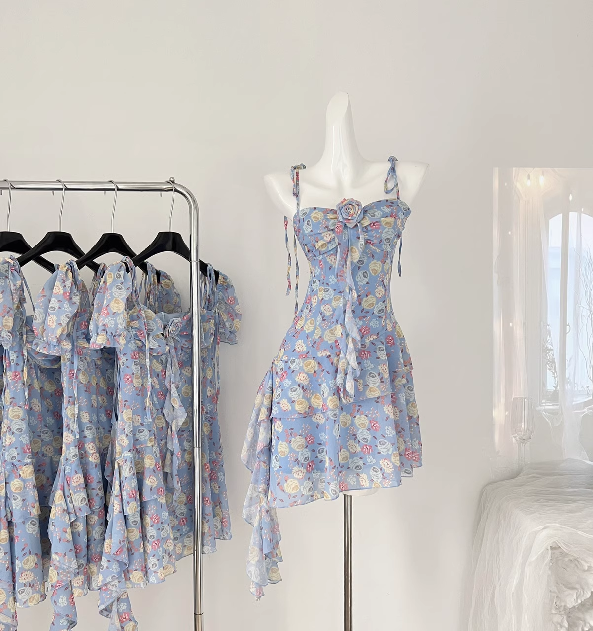 Chiffon Floral Dress New Style Seaside Holiday Irregular Dress Blue Mini Party Dress YM1791