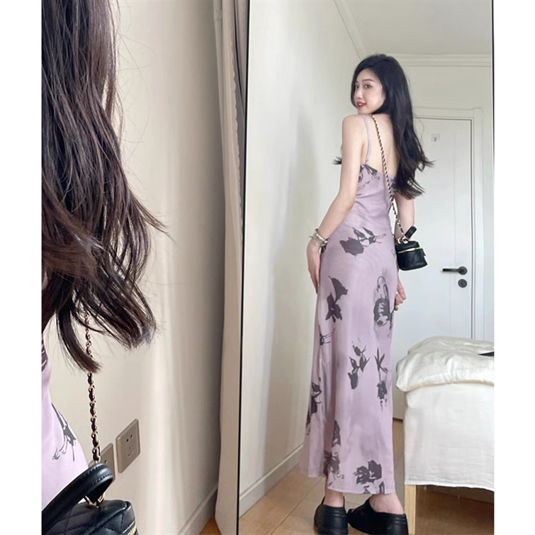Purple Floral Suspender Dress Sexy Slit Party Dress YM1766