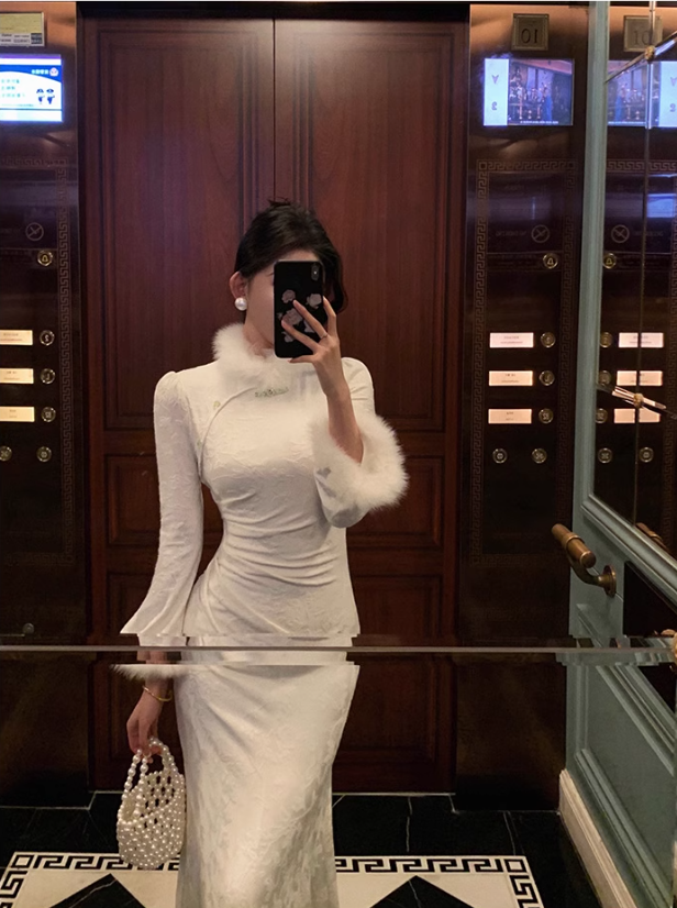White Fur Collar Prom Dress Elegant Mermaid Long Dress YM1674