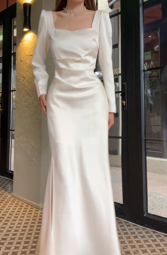 Elegant White Slit Prom Dress Women's Long Sleeve Birthday Dress YM1696