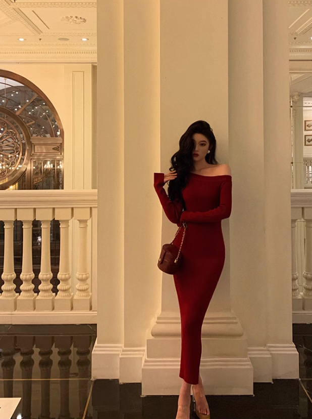 Red Off Shoulder Knit Dress Party Dress YM1669